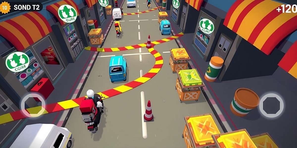 Quick Courier Gameplay - Urban Delivery Challenges Quick Courier gameplay showing a delivery person navigating through a crowded Indian market with various obstacles